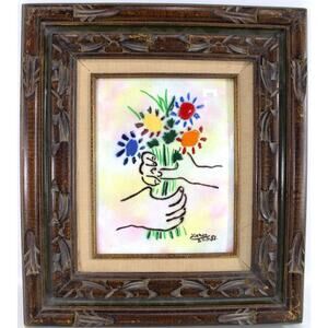 Framed Reproduction “BOUQUET” After Picasso Enamel On Copper Painting Max Karp